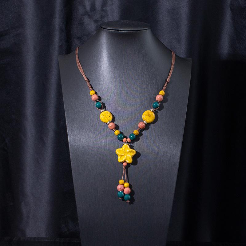 Jingdezhen Ceramic Non-Fading Necklace Ethnic Style Sweater Chain Antique Woven Rope Long Neck Chain