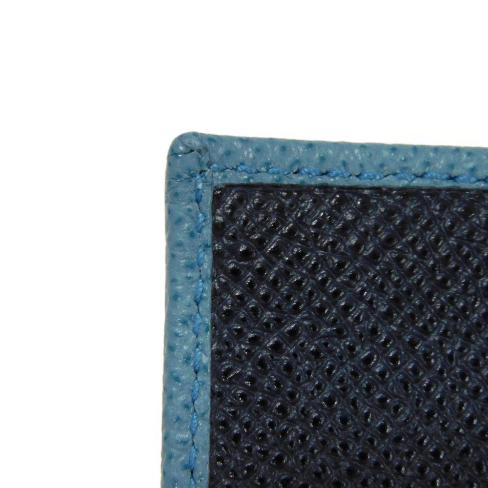 Used Bulgari Man Business Card Holder 7946 Navy Bi-Color Calfskin Bifold RFID Case (11679) Logo Metal Light Blue Men's