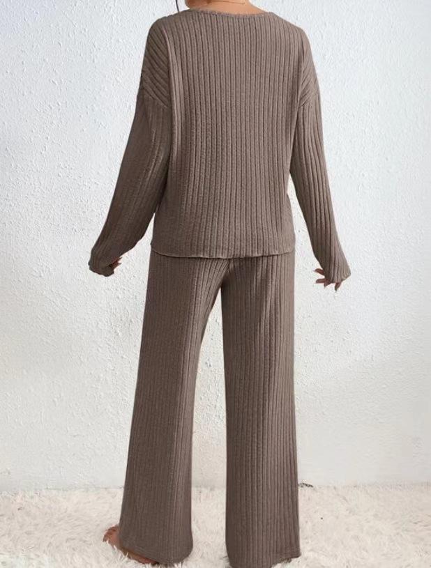 2025 Autumn/Winter Hot Selling Ribbed V-Neck Long Sleeve Brushed Casual Set for Women