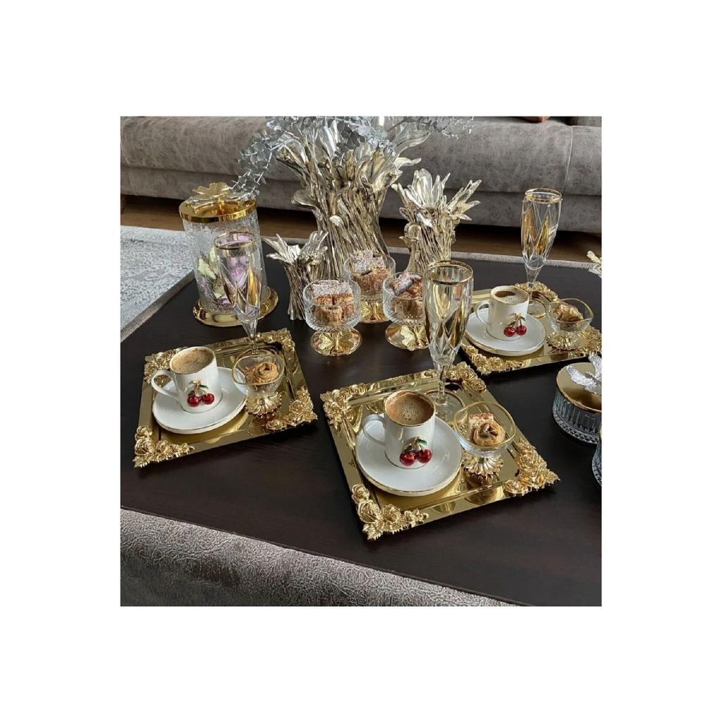 Silver Gold Detailed 18/10 Steel Coffee Presentation Tray 1 Piece