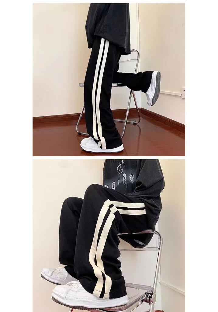 Men's Autumn Striped Patchwork Casual Pants - Hong Kong Style Trendy Loose Straight-Leg Wide-Leg Long Pants for Teenagers