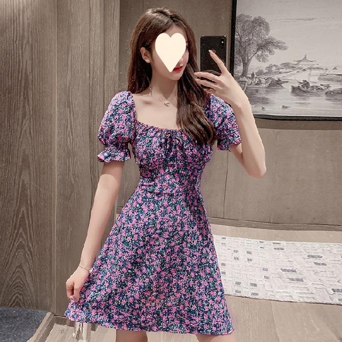 Large size fashion dress women's summer new retro square collar belly covering and thin bubble short sleeve floral dress