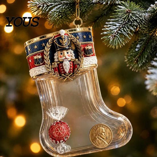 Decorative Stocking for Christmas Tree Fillable Acrylic Ornament, Transparent Candy Filled Plush Glitter Ornaments Hanging Decor, Santa Snowman