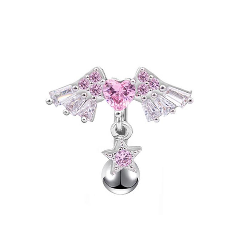 European & American Heart-Shaped Pink Navel Ring with Chain