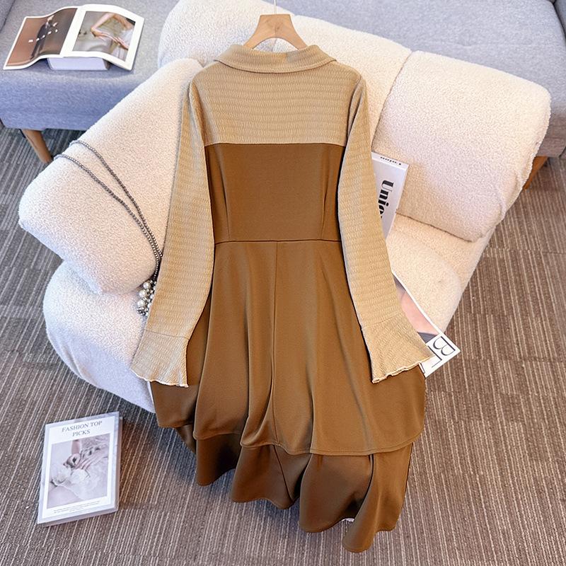 Plus-size Women's Faux Two-piece Dress, Casual and Slimming, Sweet Style, Suitable for Spring and Autumn Seasons.