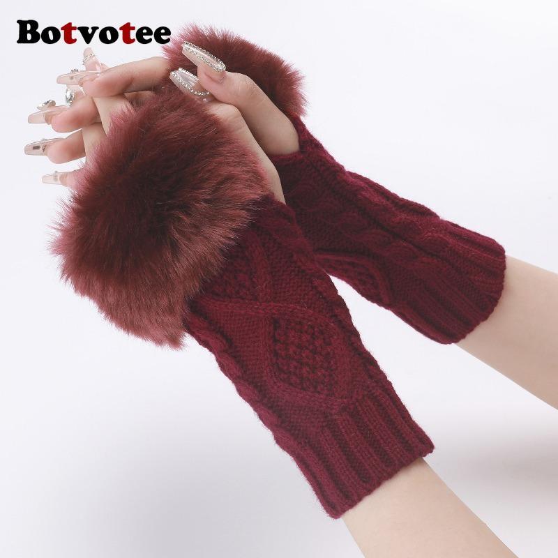 Botvotee Furry Y2k Accessoires Ärmel für Damen Armstulpen Winter Strick Burgunder Fingerlose Handschuhe Niedlicher Armschutz Halbfinger