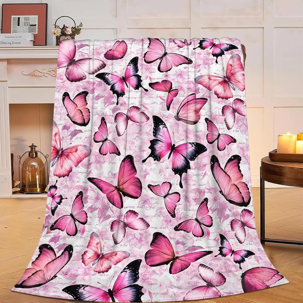 Pink Butterfly Pattern Fleece Blanket Soft Warm Throw Cover Decorative Home Bed Room Decor Gift For Women Girls40X50