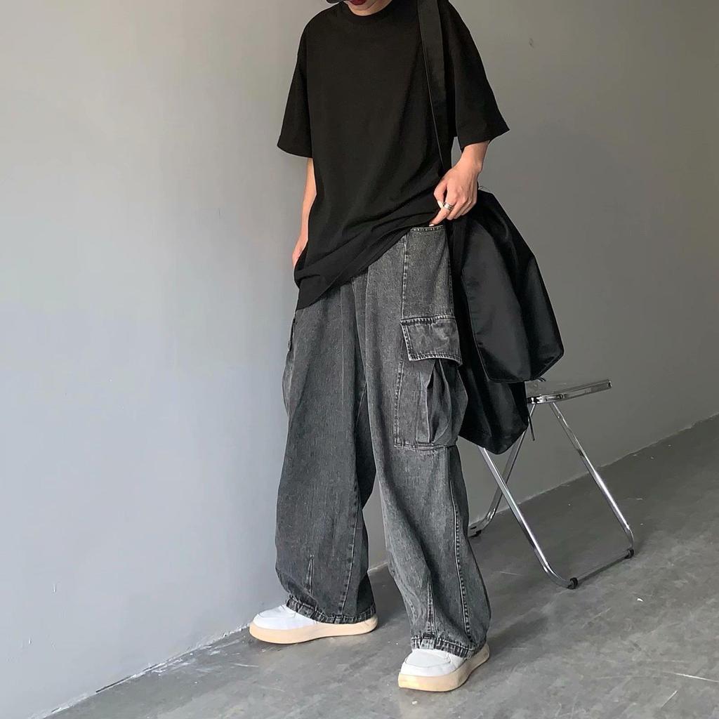 Japanese Retro Wide-Leg Casual Denim Pants with Large Pockets for Men and Women