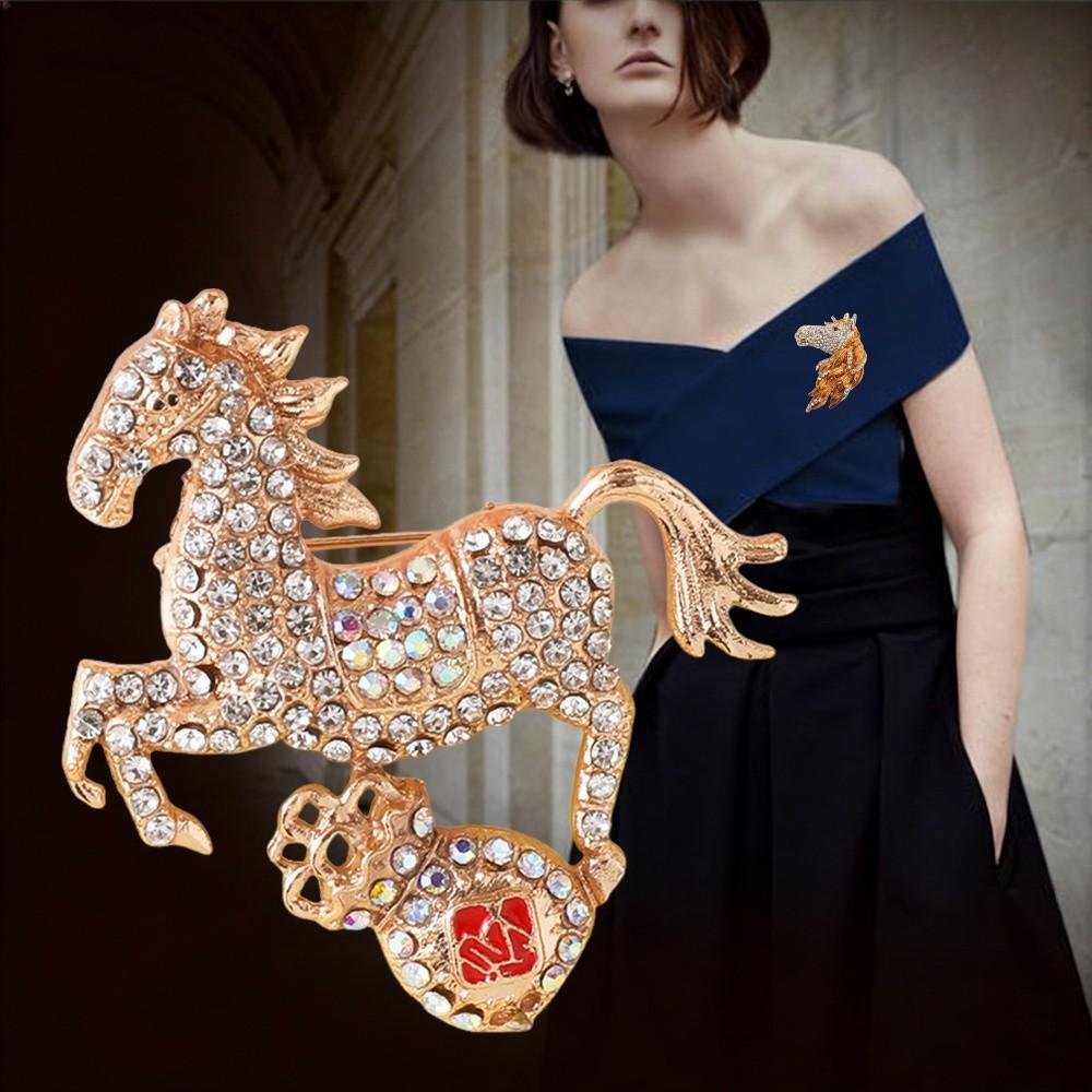 Rhinestones Running Horse Brooch Decorative Zodiac Animal Badge Brooch Pins  Jewelry Accessories