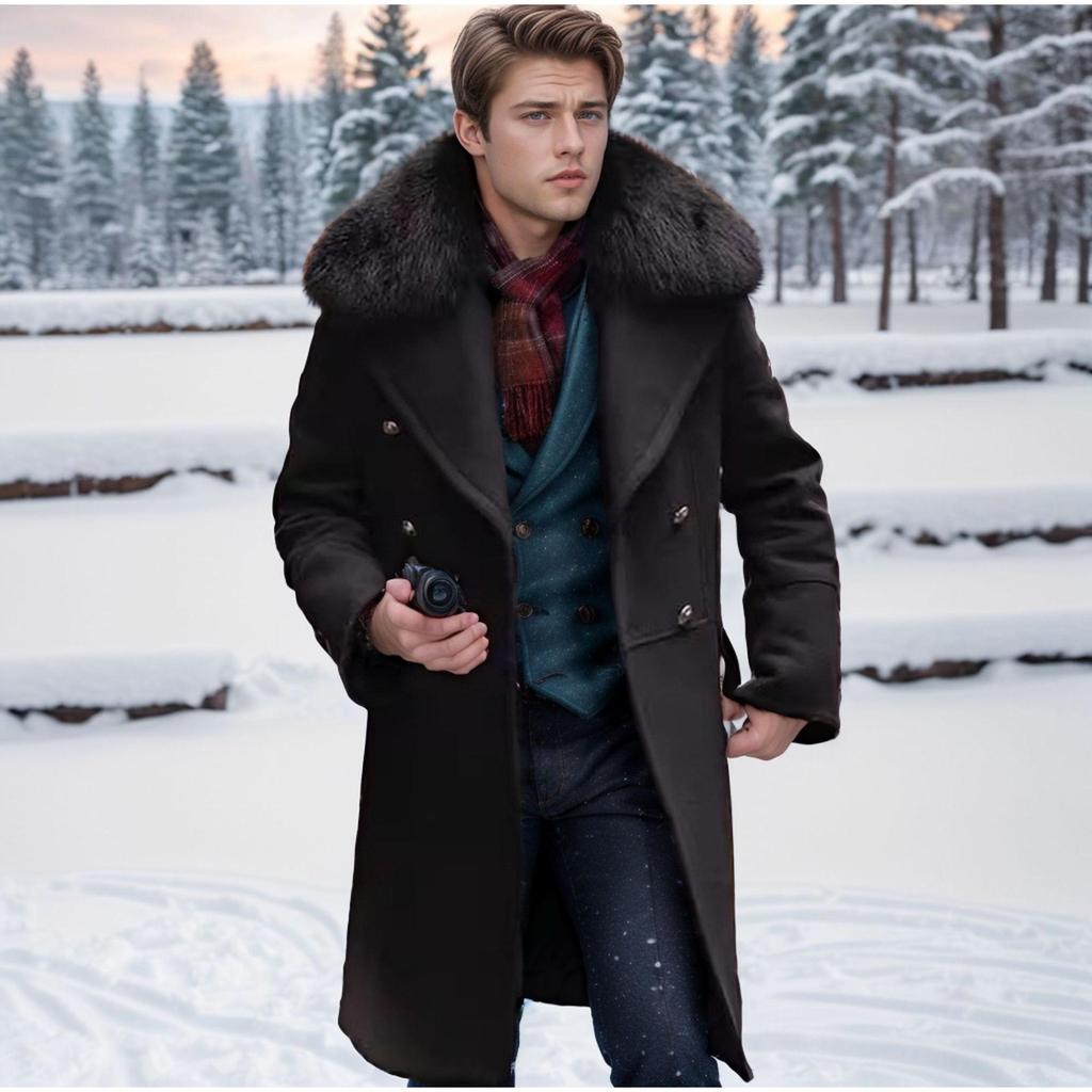 2024 Autumn/Winter European Casual High-Quality Double-Breasted Slim Fit Wool Coat with Fur Collar