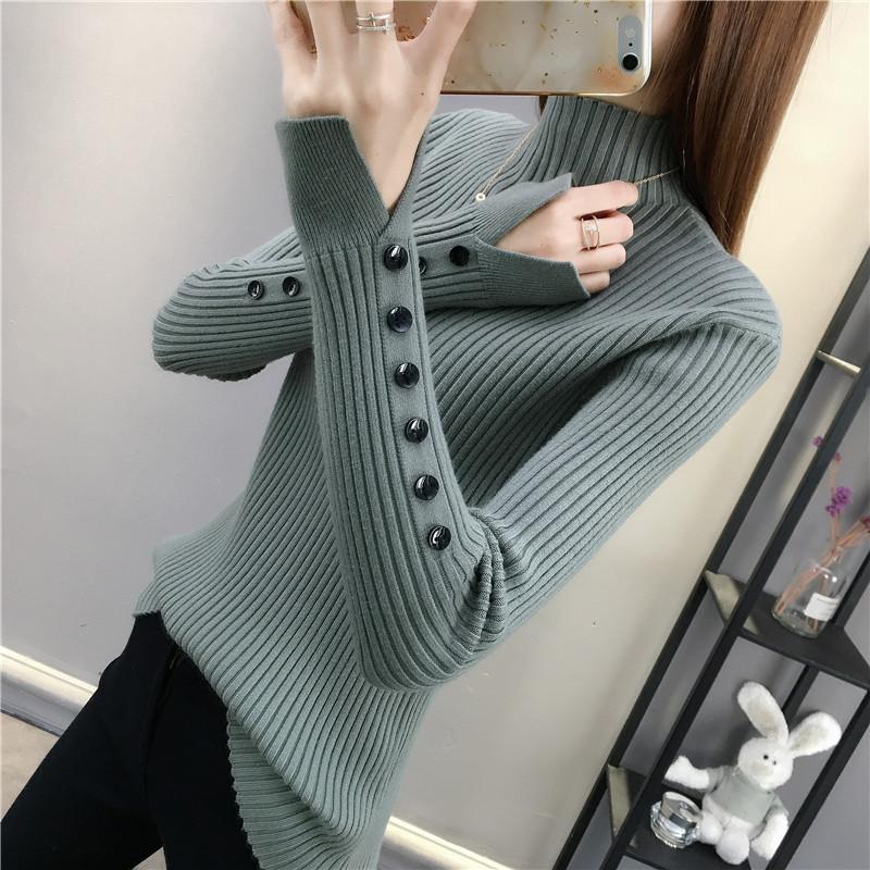 Half High Neck Sweater for Women Autumn and Winter Thick Slim Pullover Sweater Button Slit Sleeve Top Knitted Sweater for Women