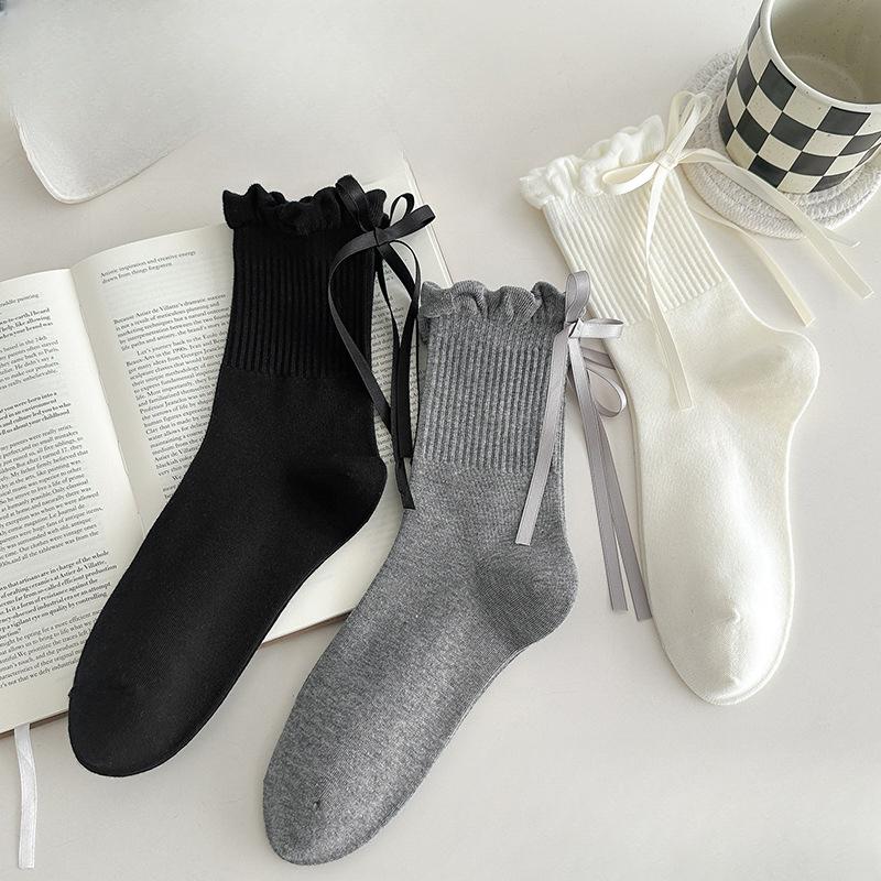 Female Spring and Autumn New Sweet Pure Color Lace Bow Ballet Wind Tube Cotton Socks