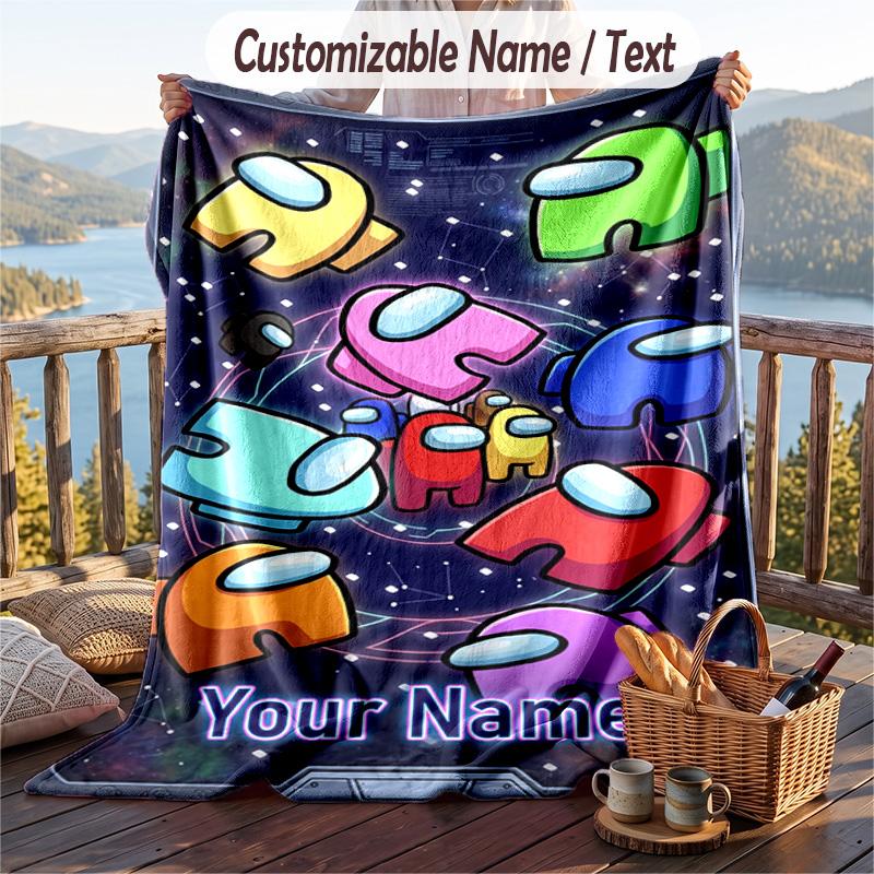 Among Us Flannel Blanket, Personalized Custom Name Text, Soft Warm Plush Throw Blanket For Gift
