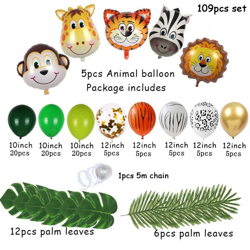 109pcs Palm Leaf Animal Balloons Garland Arch Kit Jungle Safari Party Supplies Favors Kids Birthday Party Baby Shower Boy