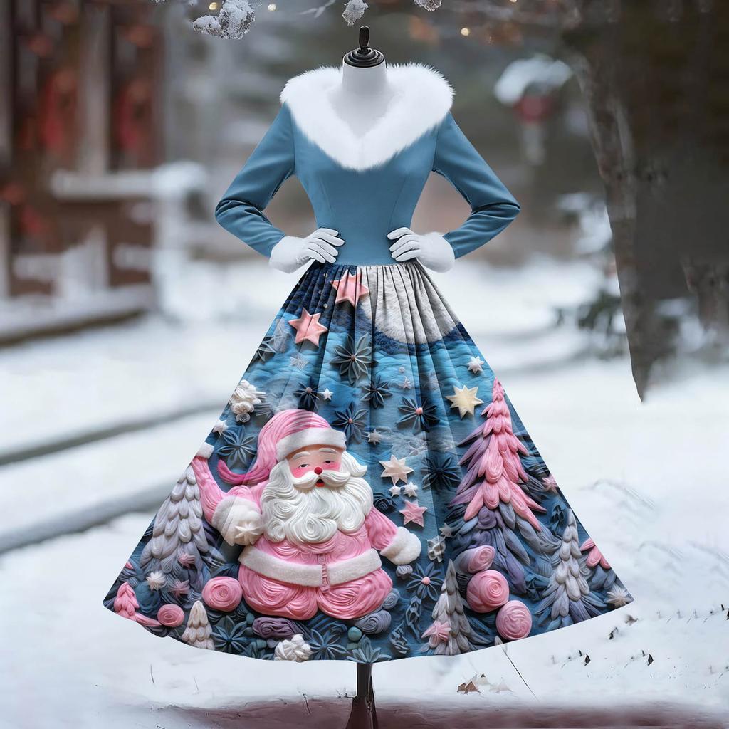 Women's Casual Dress Long-Sleeve V-Neck Patchwork Fleece Christmas Print Dress