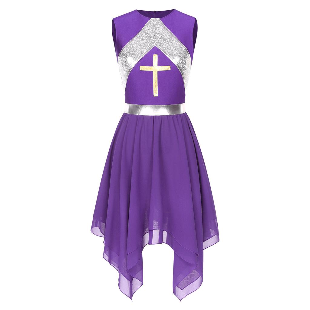 Womens Liturgical Dance Dress Metallic Shiny Cross Sequins Sleeveless Color Block Patchwork Irregular Hem Performance Gown