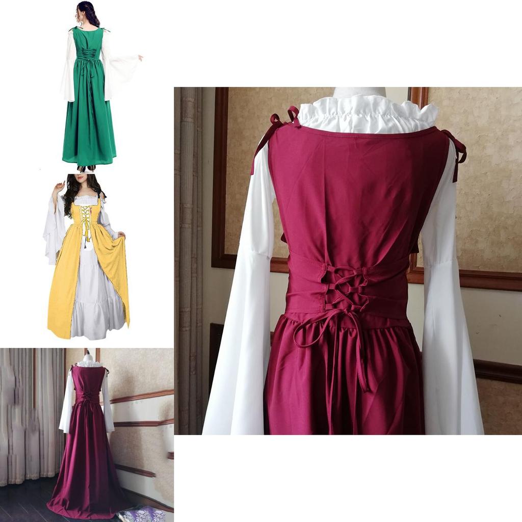 Elegant Women's Vintage Renaissance Medieval Long Dress With Flare Sleeves And Lace-up Detail
