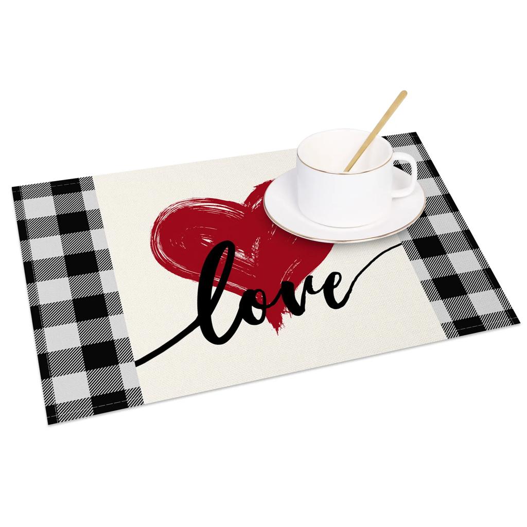 Heart Shape Placemats Romantic Love Pattern 4pc Linen Dining Mats Heat Resistant Valentine's Day Wedding Anniversary Party Decor
