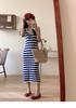 Blue Striped Dress Women's Seaside Vacation Style Loose Vest Knitted Beach Skirt Lazy Style Casual Dress