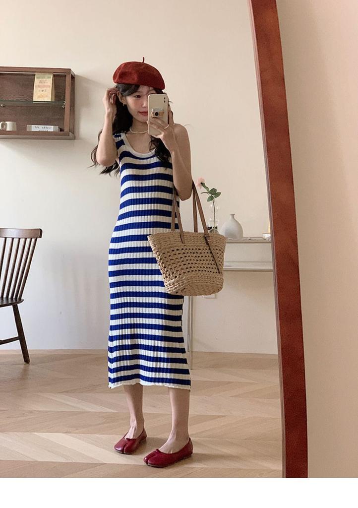 Blue Striped Dress Women's Seaside Vacation Style Loose Vest Knitted Beach Skirt Lazy Style Casual Dress