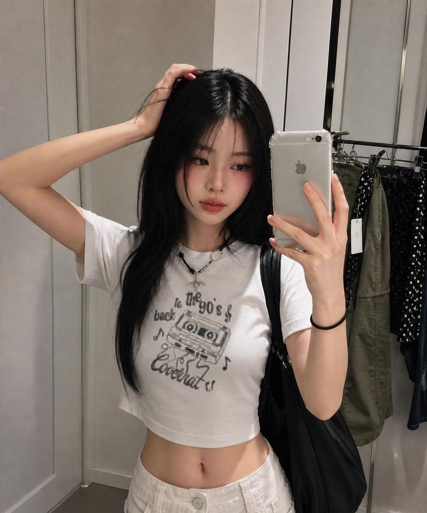 COVERNAT WOMAN Crop Fit Cassette Graphic T-Shirt Off White