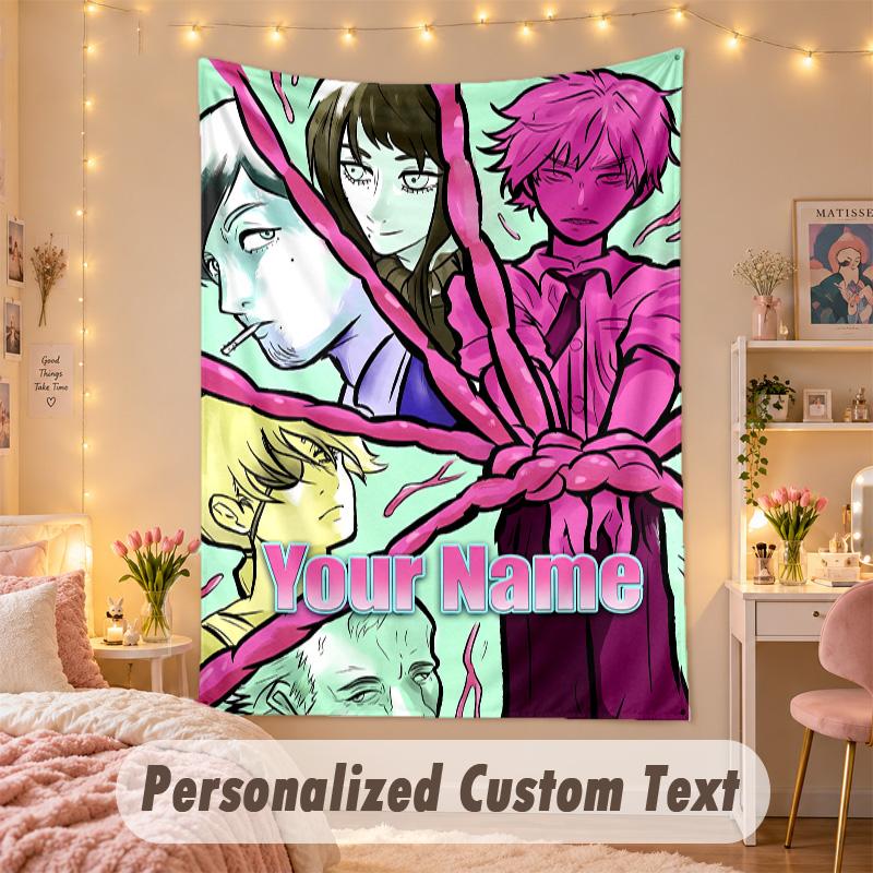 Custom Personalized Tapestry,Chainsaw Man Print Custom Name Text Wall Art Hanging for Bedroom