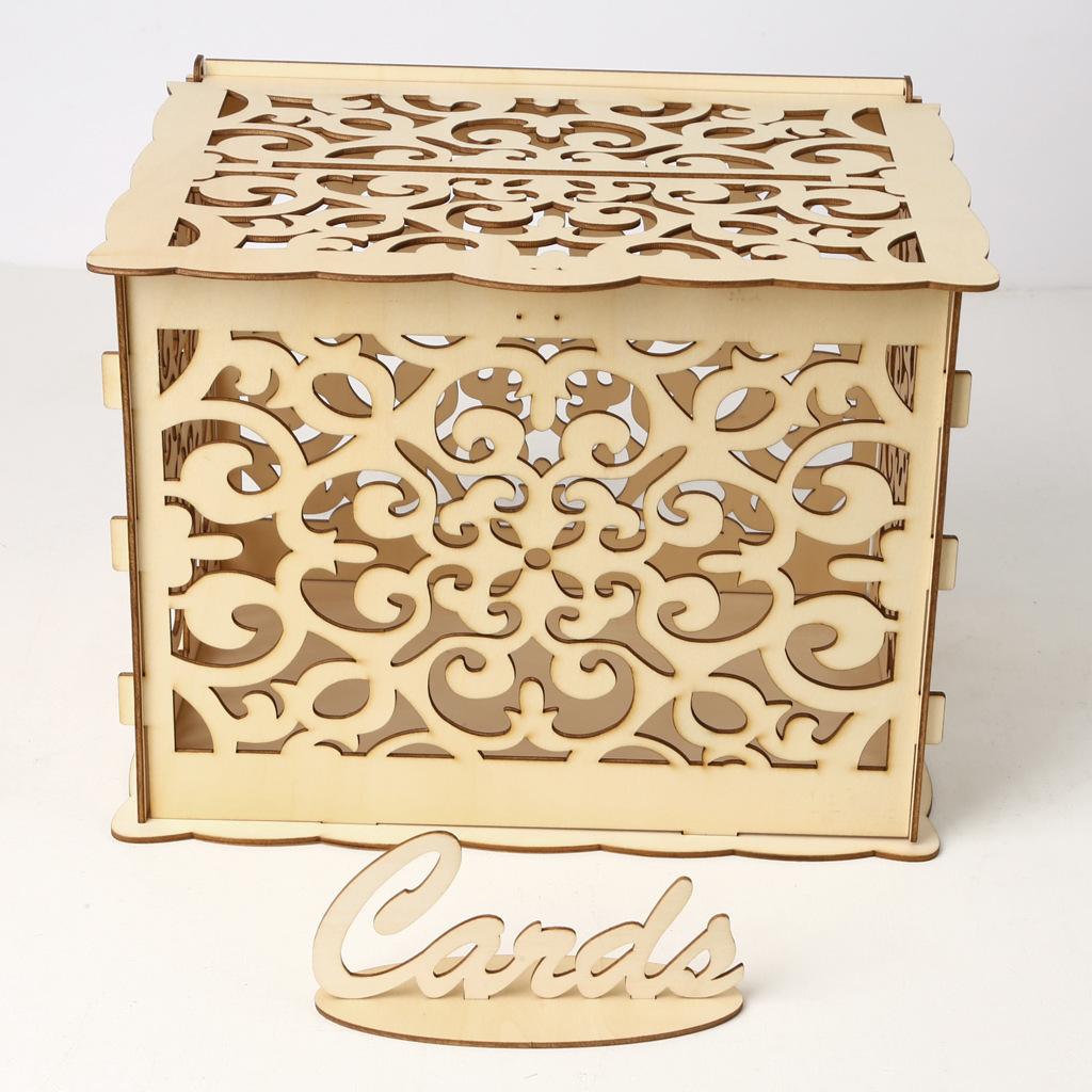 DIY Wedding Card Box Wooden Couple Money Boxes with Lock Hollow Floral Pattern Wedding Decor Gift Envelope Birthday Supplies