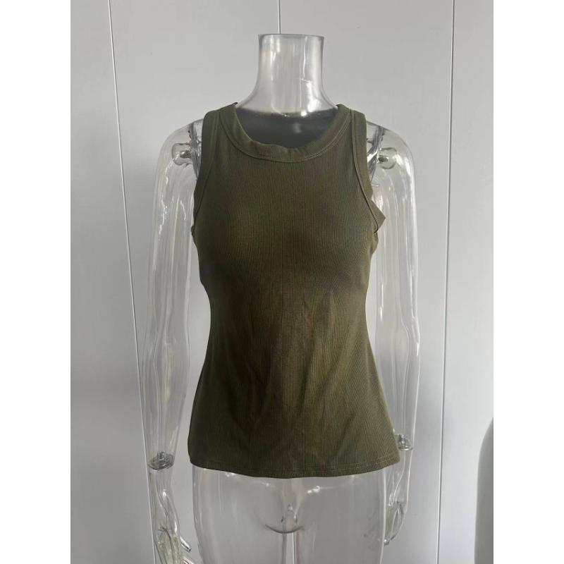 Women's Summer Built-in Bra Tank Top, Solid Color Round Neck Sleeveless Slim Fit Crop Cami For Outerwear & Layering