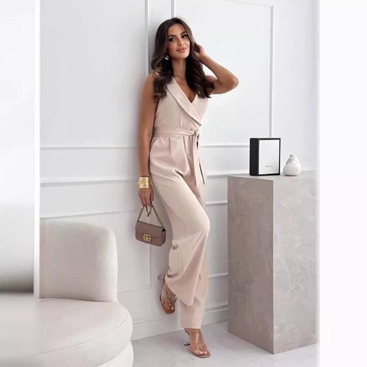 Women Summer Casual V-Neck Sleeveless Jumpsuit High Waist Wide Leg Trousers Solid Color Belt Sizes S-XXL