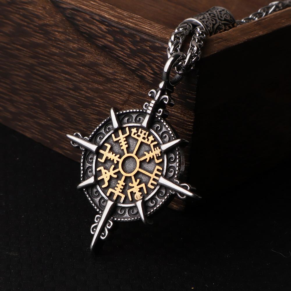 European and American Men's Viking Compass Rune Titanium Steel Pendant Fashion Domineering Stainless Steel Pendant Necklace Jewelry Accessories