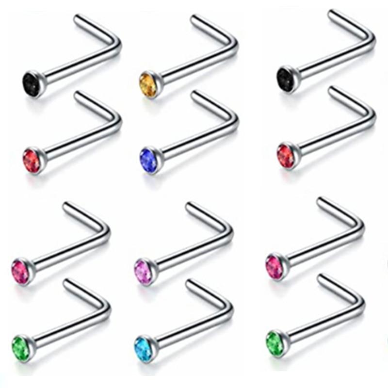 5/10/20PCS Stainless Steel L Shape Nose Stud Set 20G Crystal Nose Ring Hoop Set Indian Crystal Nose Stud Bulk Piercing Nariz Lot