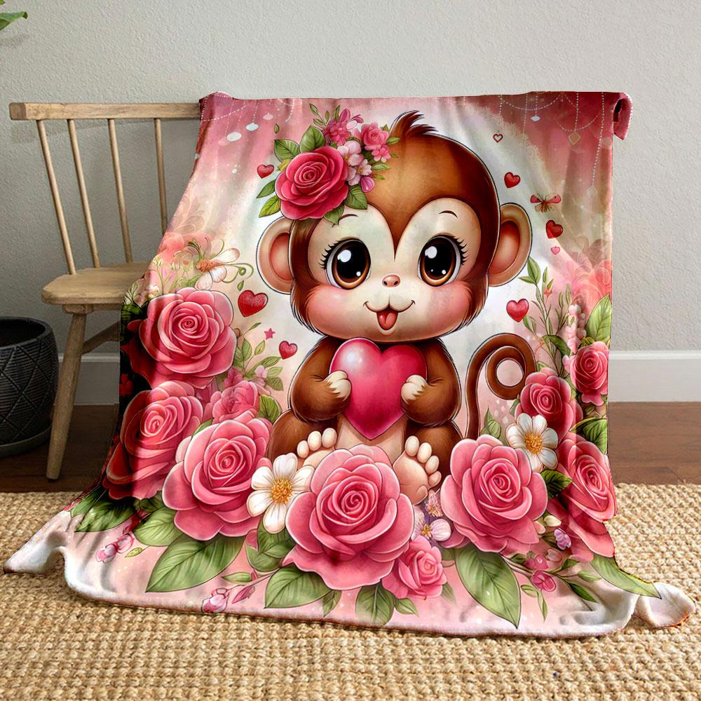 Cute Monkey with Heart & Roses Patterned blanket, flannel, suitable for all seasons, home decor, warm and cozy