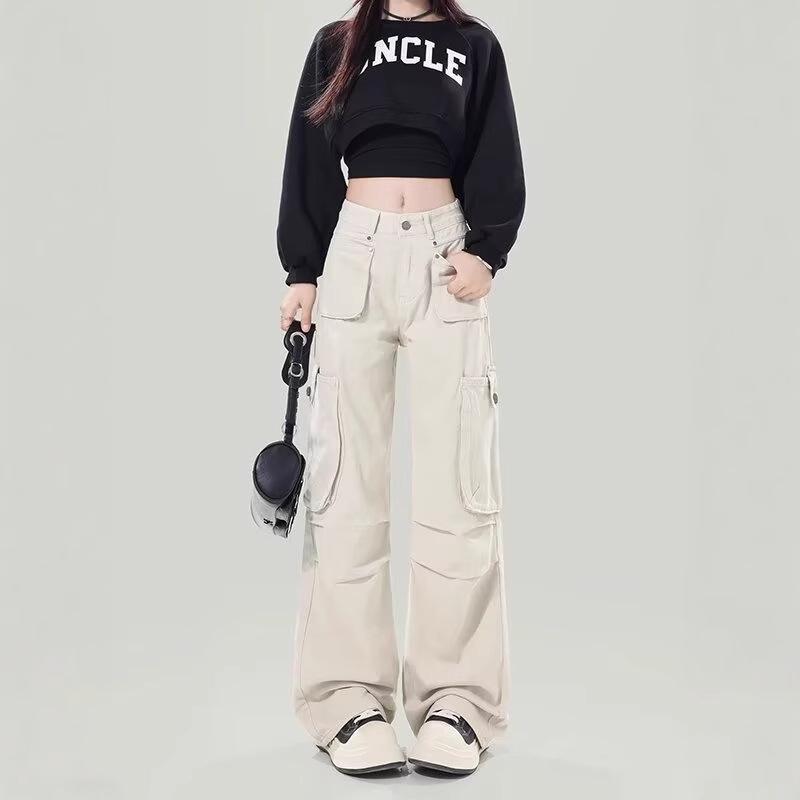 Women's Early Spring Apricot Cargo Jeans: New Design, Multi-Pocket, Loose, Wide-Leg, Floor-Length