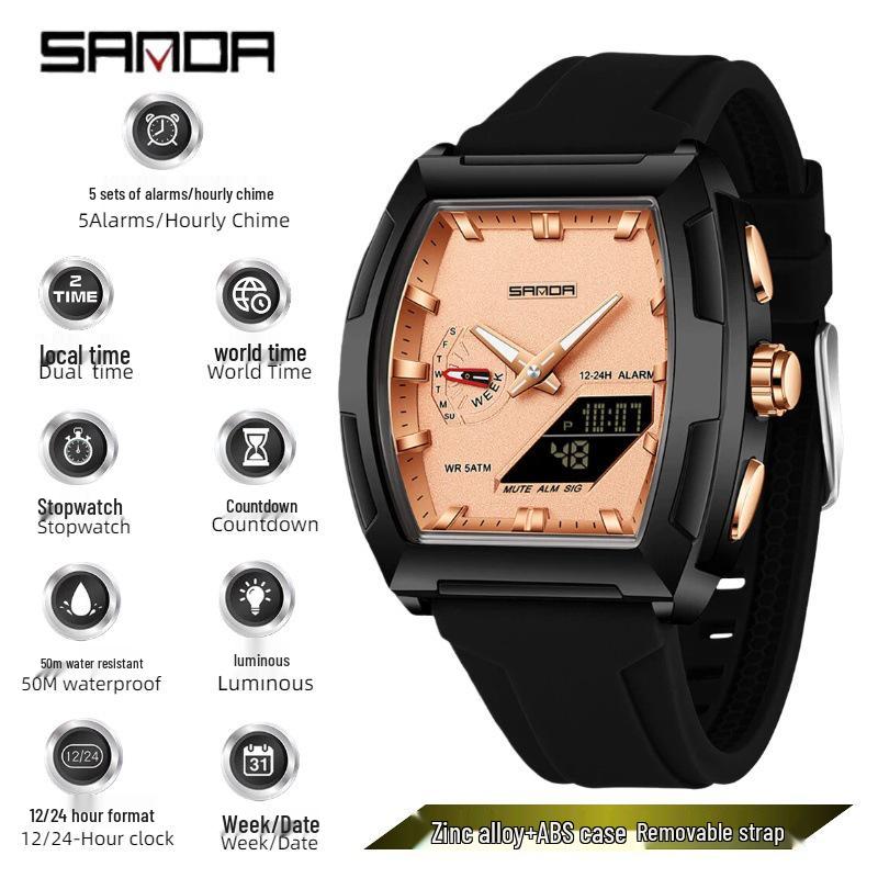 Sanda Trendy Men's Dual Display Luminous Waterproof Electronic Watch - Casual and Versatile with Countdown Timer
