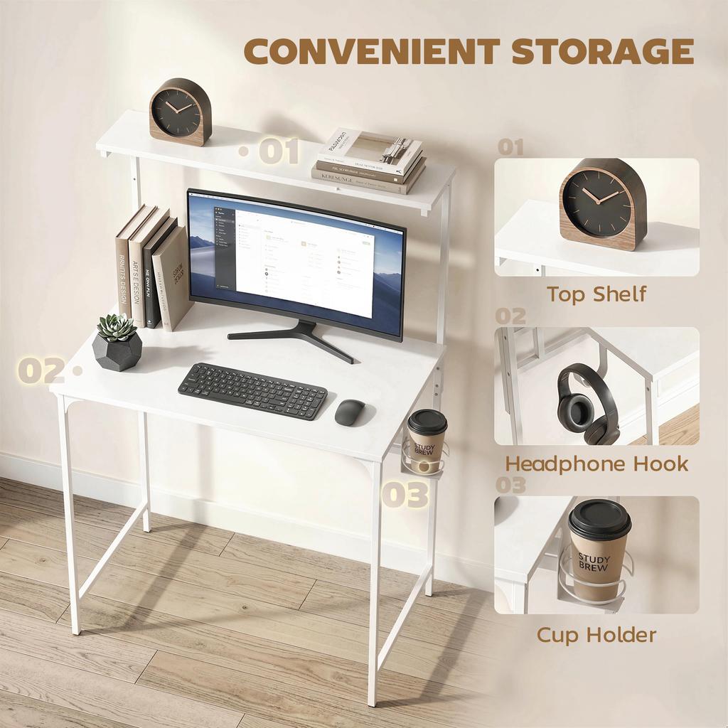 Computer Desk, 80cm Home Office Study Table with Hutch Shelf, Cup Holder, Headphone Hook, White