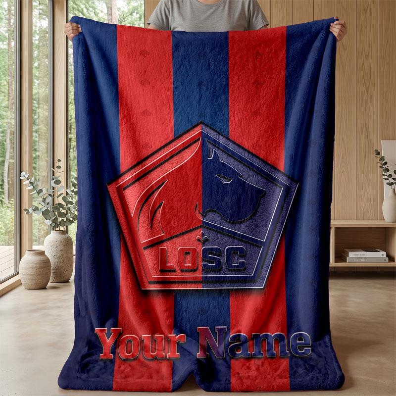 LOSC Lille Custom Name Text Flannel Blanket Soccer Logo Personalized Fleece Throw Blanket Special Gift For Sofa Bedroom Home