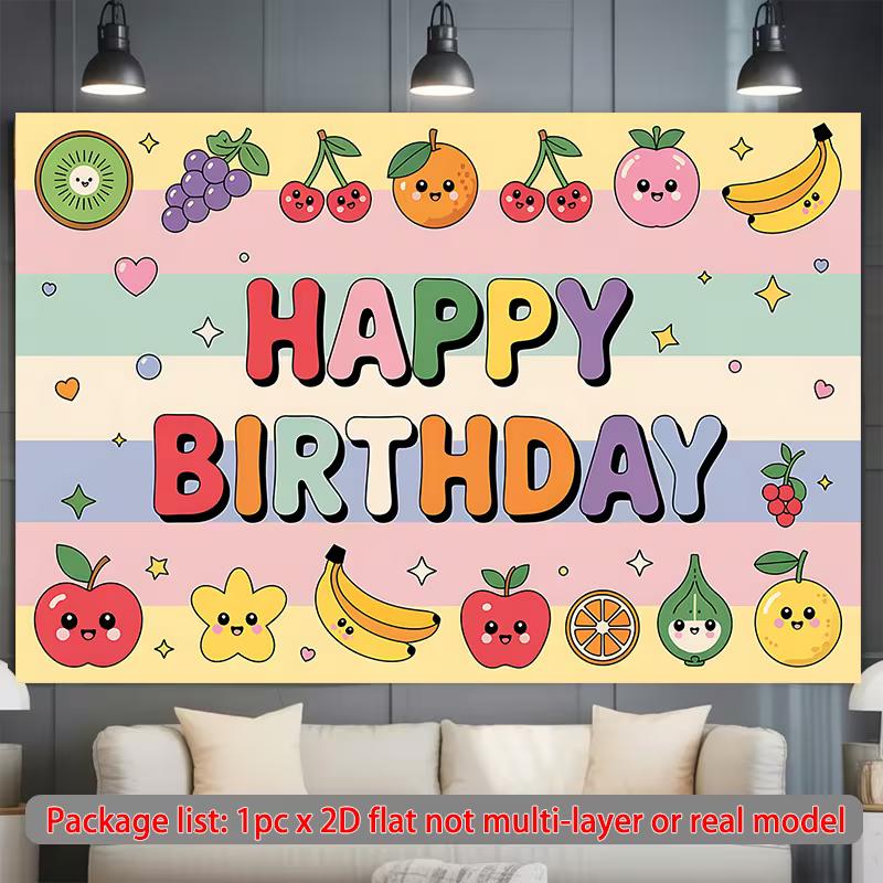 2D Cute Fruit Happy Birthday Backdrop Rainbow Stripes Photography Background for Kids