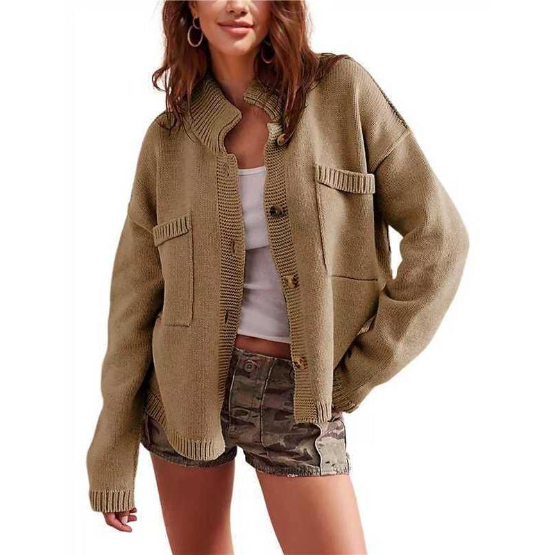 New Autumn and Winter Knitted Jacket Stand Collar Solid Color Cardigan Sweater Women's Clothing