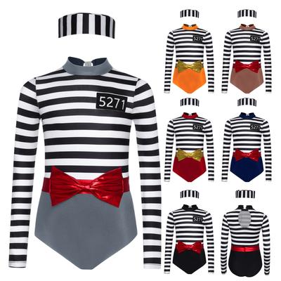 Mädchen Gefangenenkostüm Dreiteiliges Set Stehkragen Langarm Jumpsuit Abnehmbarer Schleifengürtel Sträflingsmütze