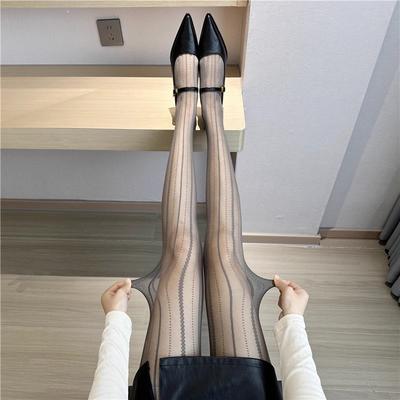 Retro Lace Vertical Striped Stockings, Thin Anti-hook Silk Jacquard Pantyhose, Sexy Black Silk Leggings, Versatile and Thin