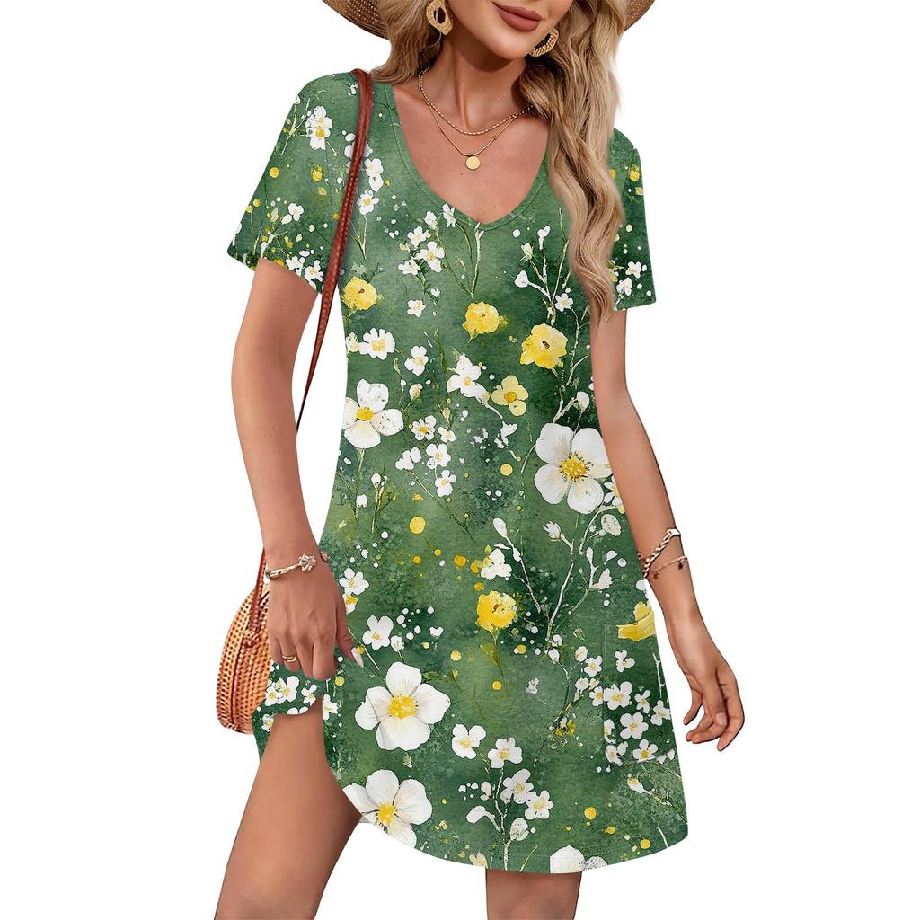 Summer Dresses For Women Loose V Neck Short Sleeve Casual T Shirt Dress Sundresses Swimsuit Coverup With Pockets