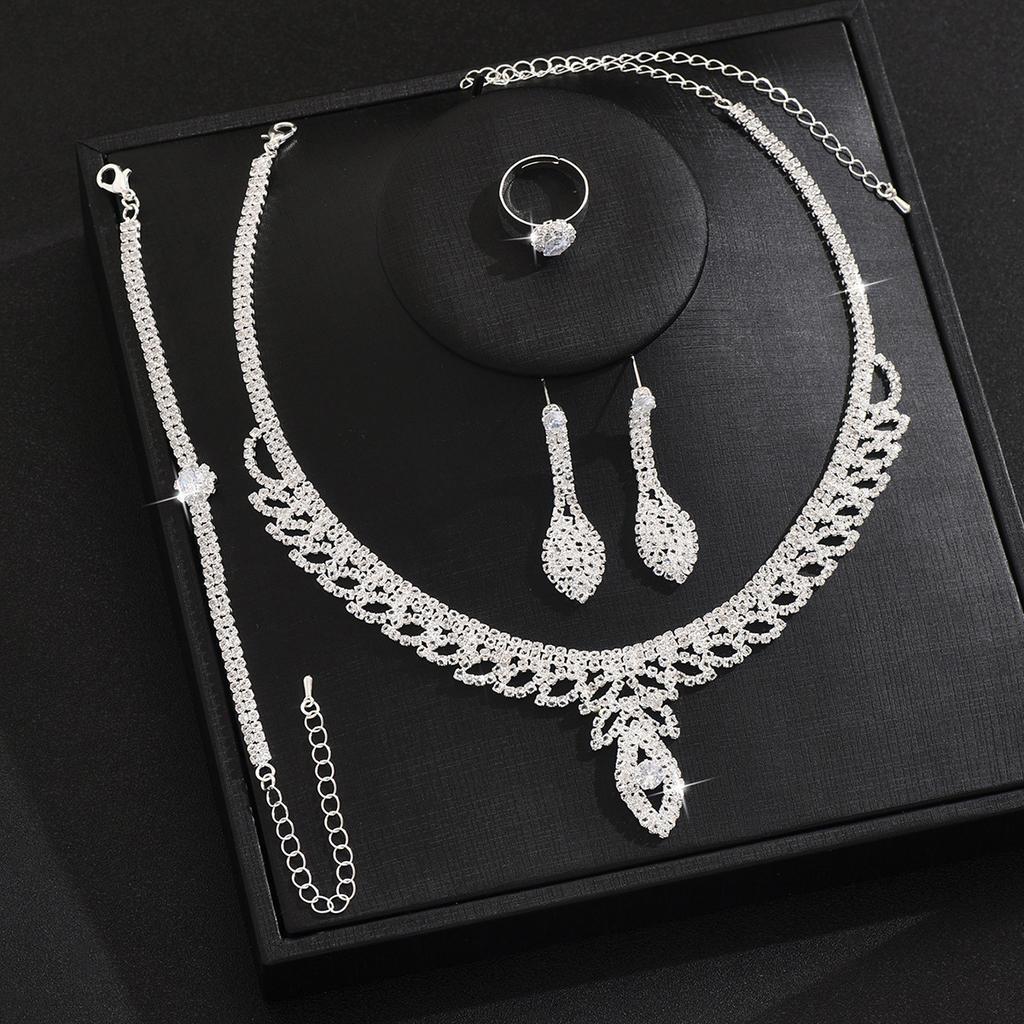 Hollow Leaf Necklace Earrings Bracelet Ring Four-Piece Set Bridal Wedding Rhinestone Accessories