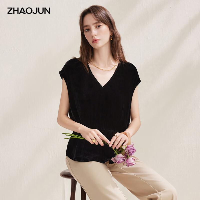Women s V-Neck Velvet Texture Short Sleeve Top L