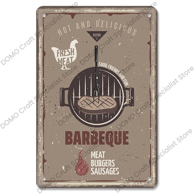 Vintage Barbecue Plaques Metal Tin Signs Grill Meat Steak Sausage Retro Metal Plate Wall Decor BBQ Party Shop Dining Room