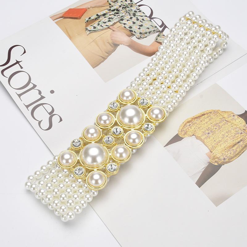 Sweet Temperament String Pearl Belt Elastic Diamond Elastic Women'S Wide Waist Seal With Skirt Decorative Belt