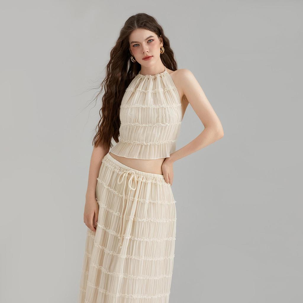 Women 's Two Piece Summer Outfits Sleeveless Ruched Halter Cami Tops and Long Skirt Set Beachwear