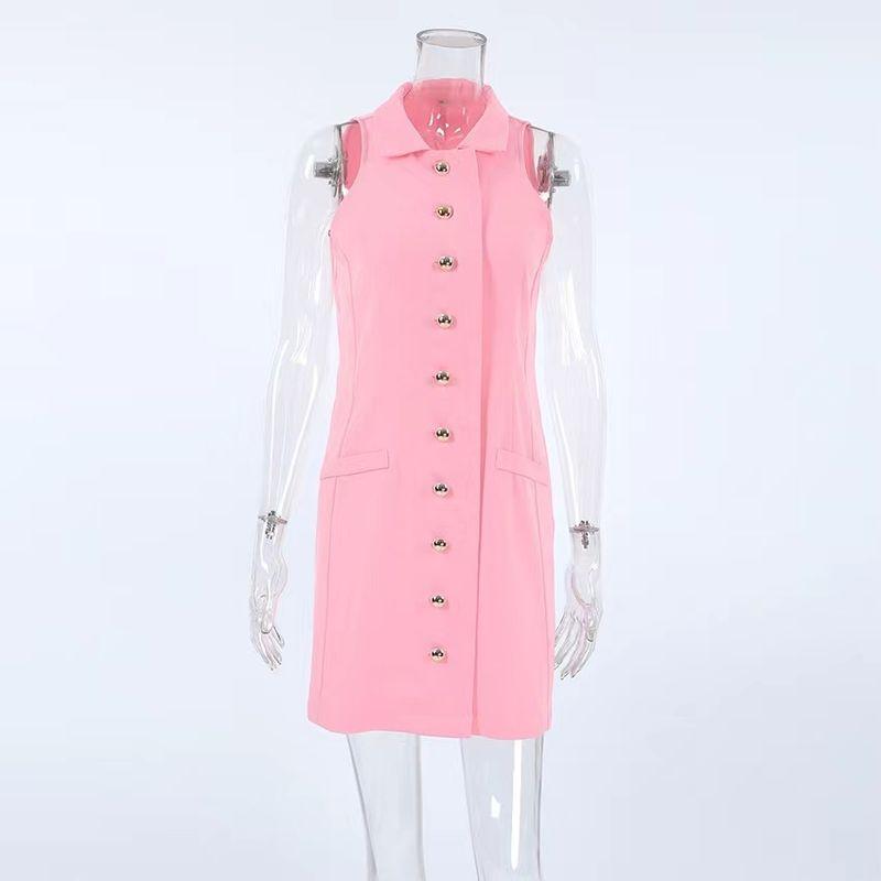 

Western Style Summer Fashion Faux Pocket Sexy Sleeveless Dress Flip Collar Slim Fit Dress Pink M