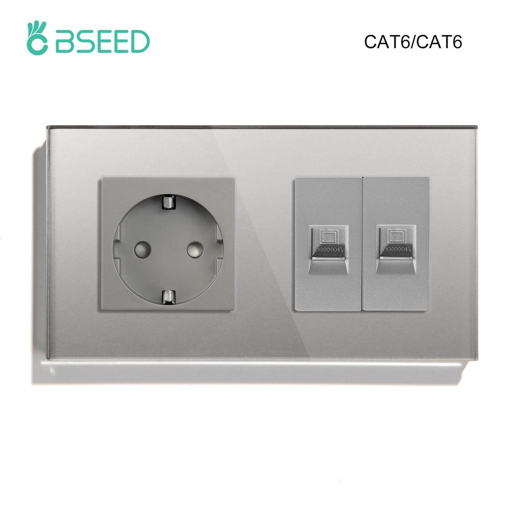 BSEED Dual Internet Sockets CAT6 Wall Socket EU Power Sockets Plus Network PC Data Computer Connecter Outlets Glass Panel