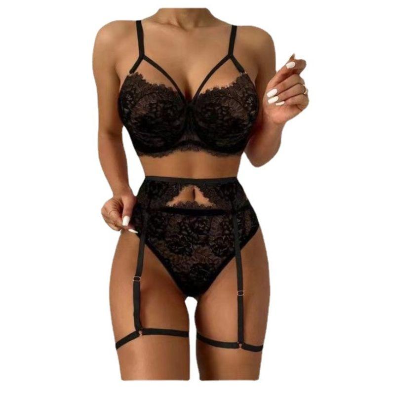 Sexy Lace Lingerie Three-Piece Set Sexy Women's Lace Pure Color Intimates Three-Piece Set