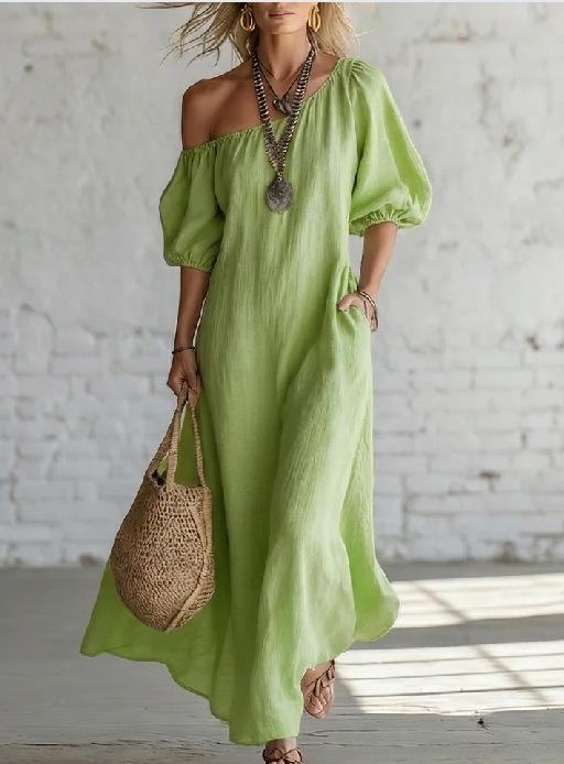 Women Elegant Off Shoulder Lantern Sleeve Loose Solid Color Vacation Long Dress S